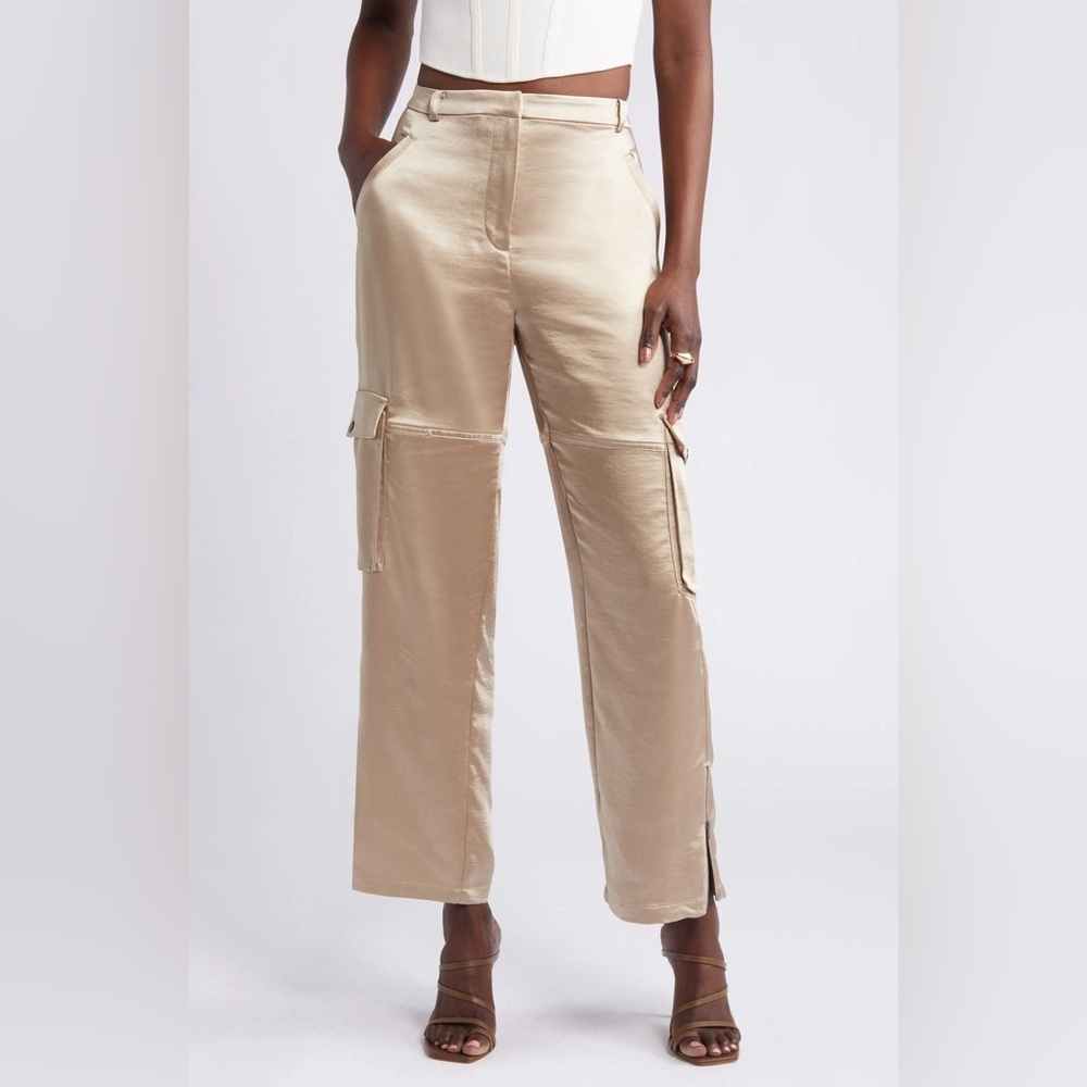 Open Edit Y2K Metallic Gold Satin Cargo Wide Leg Size 8 Pants Zipper Ankle